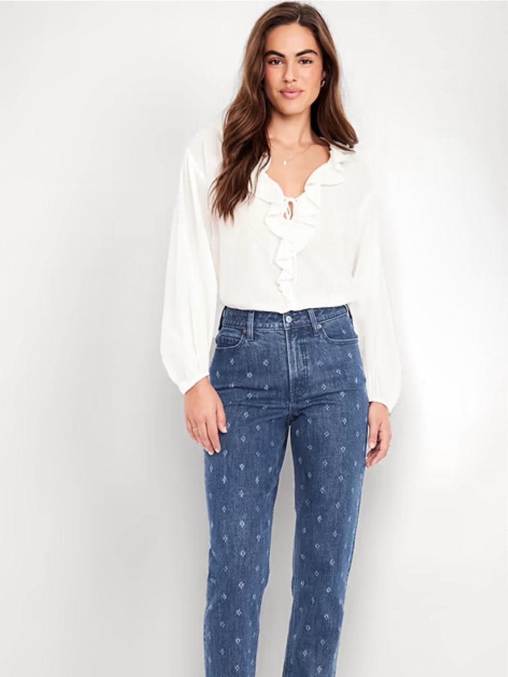 High-Rise Printed Straight-Leg Jeans - Blue